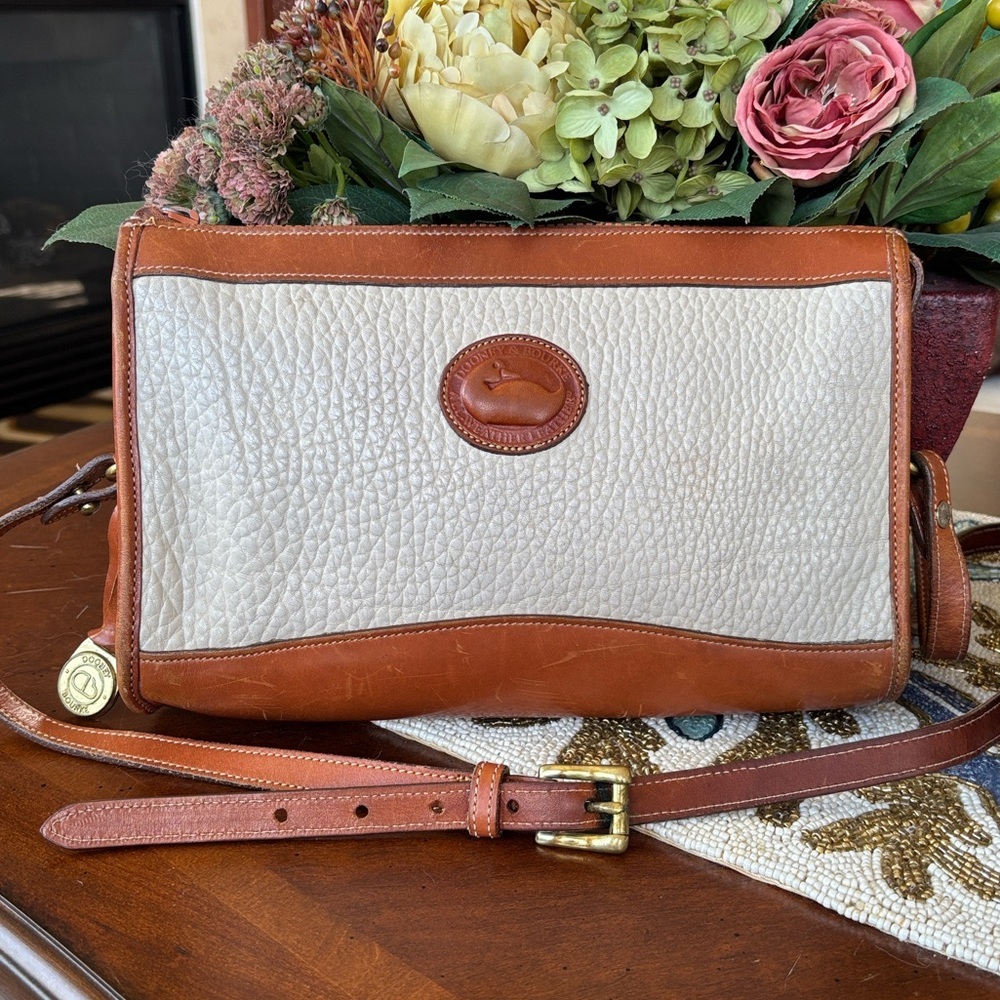 Dooney & Bourke Cream Pebbled Leather Crossbody with Brown Trim
